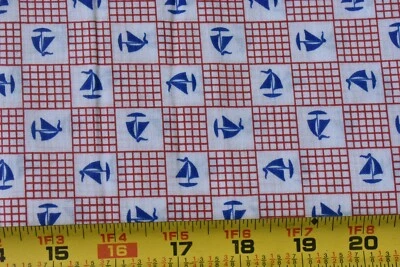 16" Long, Vintage, Blue Sailboats on Red & White Lighter-Weight Cotton,P8747 - Image 1 of 4