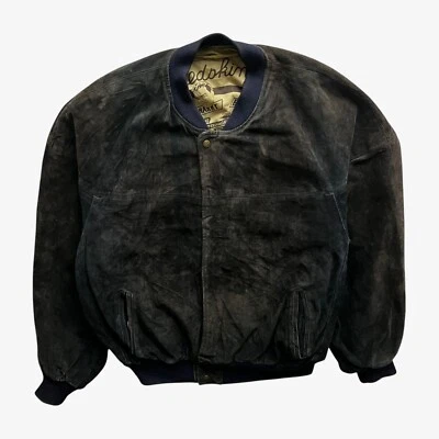Vintage 90s Men's Redskins Faded Navy Leather Bomber Jacket, Military Army 80s - Image 1 of 4