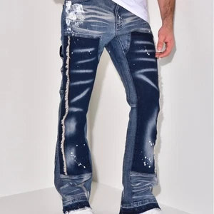 Carson dunkelblaue Stacked Flare Jeans Distressed Splattered Streetwear Gr. 38 - Bild 1 von 15