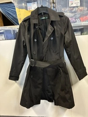 Ralph Lauren Women's Black Trench Coat Long Size Small - Button Up Collard - Image 1 of 4