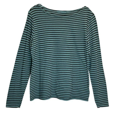 Top Pullover de Algodón a Rayas Verde Azul Marino Corte Suelto Silenciado con Cuello Barco - Mediano Foto 1 de 4