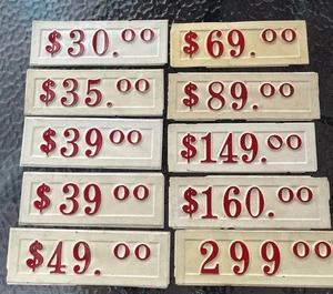 Lot of 10 Vintage Department Store Price Signs Embossed Red Numbers Magnetic - Picture 1 of 8
