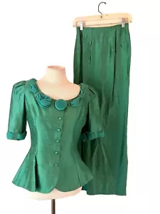 Watters Watters Sz 6 Vintage USA-2 Pc Long Skirt Suit Set Green Retro Buttons - Picture 1 of 12