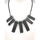 Gun Metal Tone Turquoise Faux Beads Necklace  texture 16" Bib Collar