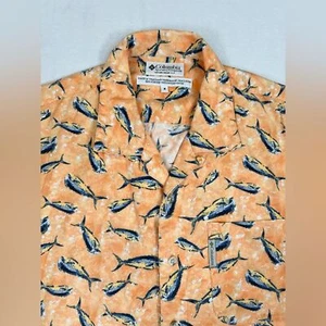 COLUMBIA SPORTSWEAR COMPANY Orange Fish Print Button Down Shirt Outdoors Size M - Picture 1 of 8