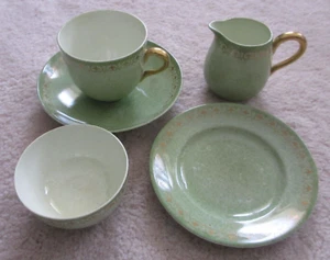 Antique Green Crown Staffordshire China Cup, saucers, sugar bowl and Milk Jug - Picture 1 of 8