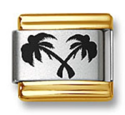 Italian Charm Bracelet Links Laser Palm Trees Gold Trim 9mm Stainless Steel  - Image 1 of 2