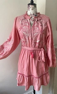 River Island Cotton Bouje Boho Peach Pink Floral Embroidered Belt dress 12 £55 - Picture 1 of 10