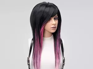 Black Pink Emo Wig Long, Alternative Scene Wig, Layered Shaggy Wig Side Bangs - Picture 1 of 8