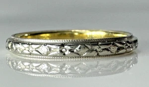 Fede Nuziale Antica Art Decò Oro Bianco 18k Fiore Sottile Interno Giallo Tg 6 - Foto 1 di 9