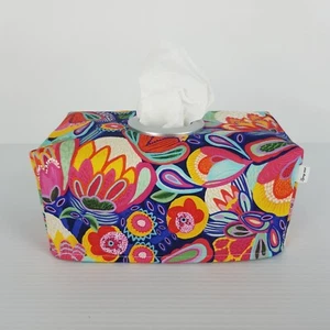Tissue Box Cover Handmade Bright Multi-Coloured Floral Silver Circle Opening - Picture 1 of 13