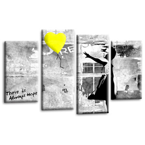 Banksy Balloon Girl Wall Art Print Grey Yellow Heart Framed Split Panel Picture