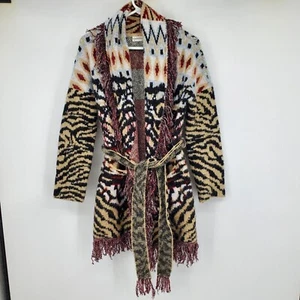 By Anthropologie Paloma Fringed Animal Print Belted Women's Cardigan Sweater XS - Picture 1 of 8