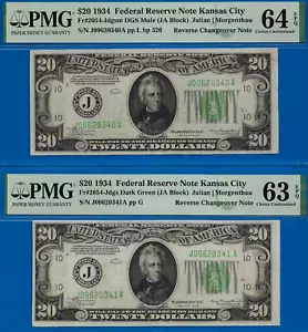 1934 $20 FRN Reverse Changeover PMG 64EPQ crazy rare only known Mule/Non-Mule - Picture 1 of 2