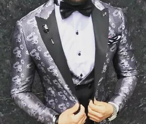 Designer Argento Smoking Fiori Motivo Uomo Vestito Matrimonio Arredata Aderenti - Foto 1 di 4