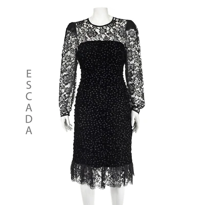 Vestido de Cóctel ESCADA Vintage Acanalado Negro Terciopelo y Encaje TALLA IT42 US M 6-8 Foto 1 de 4