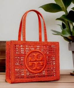 AUTH NWT Tory Burch Small Ella Hand Straw Crocheted Tote Shopper In Poppy Red - Picture 1 of 13