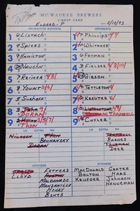 Tarjeta de alineación usada del juego oficial de los Milwaukee Brewers contra los Tigres de Detroit 18 de mayo de 1993 - Imagen 1 de 2