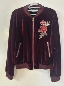 Ambiance Rose Embroidered Burgundy Velour Bomber Jacket Full Zip Size Large - Picture 1 of 23