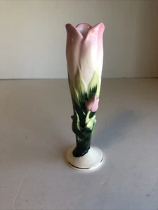 Jarrón vintage Lefton años 50 Tulip Bud 5,5” rosa verde y crema KW859, Japón - Imagen 1 de 6
