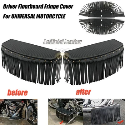 Pair Motorcycle Floorboard Fringe PU Leather Covers Universal Foot Pedal Tassels - Image 1 of 4