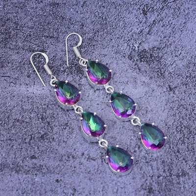 Mystic Topaz Gemstone Handmade 925 Sterling Silver Jewelry Earring Size-3" - Image 1 of 4
