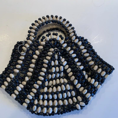 Art Deco Vintage Small Clutch Czech Black And White Wood Beads Zippered Purse - Image 1 of 4