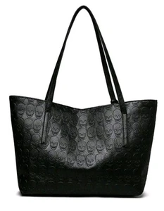 Heavy Metal Skull Tote - Black Leather Look Handbag Large Unisex Shopper Bag - Picture 1 of 4