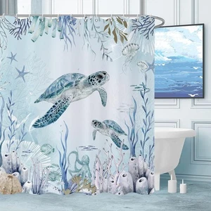 Sea Turtle Shower Curtain, Teal Blue Ocean Beach Coastal Turtle Starfish Jell... - Picture 1 of 8