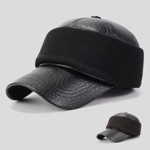 Herren Kunstleder Baseball Cap mit Ohrenklappen Outdoor Mütze verstellbar schwarz - Bild 1 von 9
