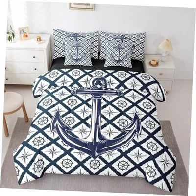  Nautical Anchor 7 Piece Bedding Set Size,Navy Blue Ocean Theme King Blue White - Image 1 of 4