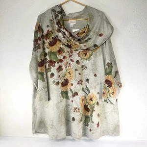 NWT Liberty Lane Cowl Neck Tunic Top Size 3X Grey Sunflower Autumn 3/4 Sleeve - Picture 1 of 10