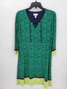 Susan Graver Kleid Damen mittelgrün blau Print Schnürung Ausschnitt seidiger Strick - Bild 1 von 9