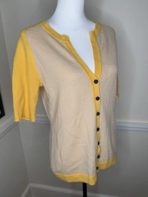 Cardigã Diane von Furstenberg Cashmere amarelo bege color block manga curta M - Imagem 1 de 4