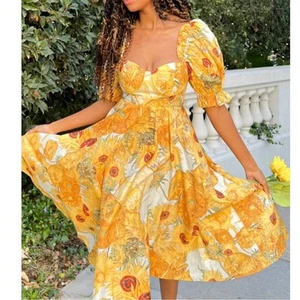 Vestido midi Selkie Tea Rose para mujer pequeño amarillo girasol algodón manga abullonada - Imagen 1 de 15
