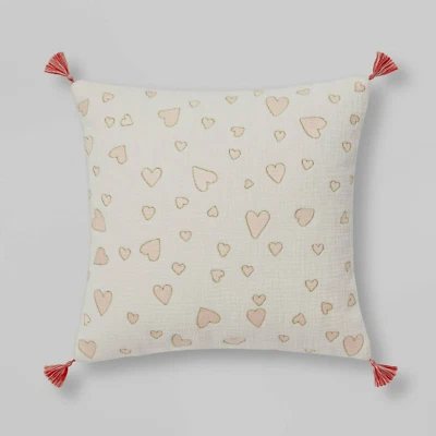 Threshold Throw Pillow 18x18 Creme Pink Hearts, Tassels, LOVE Valentine's Day - Image 1 of 4