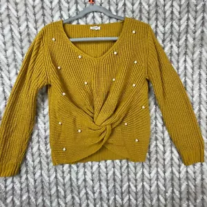 Kleiner Damenpullover mit V-Ausschnitt perlenverzierter gelb gestrickter Twist - Bild 1 von 10