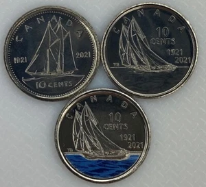 2021 Canada 100th Anniversary Bluenose UNC BU Three Coin Dime Set - Picture 1 of 2