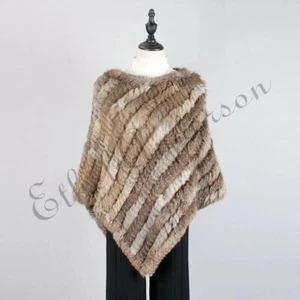 Women Knitted Real Genuine Rabbit Fur Poncho Capes Wraps Shawls Triangle Fashion - Picture 1 of 19