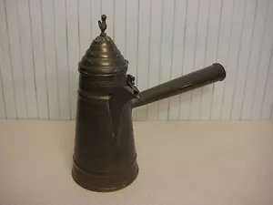 ANTIQUE HAND ENGRAVED ISLAMIC BRONZE COFFEE POT W/HANDLE, 9 1/2" T X 3 3/4" D - Picture 1 of 10