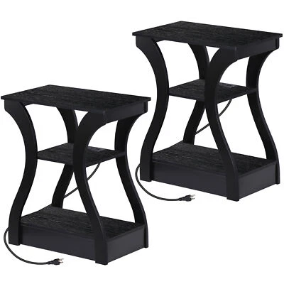 2X End Table w/ USB Black Side Table Nightstand for Bedroom 3 Tier Storage Shelf - Image 1 of 4