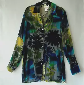 Blusa Coldwater Creek Terciopelo Burnout Mujer L Azul Pavo Real Verde Negro Floral - Imagen 1 de 10