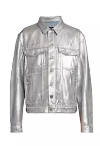 NWT $2550 Balmain Embossed Logo Silver Painted Denim Jacket - Sz 52 FR (42 US) - Picture 1 of 12