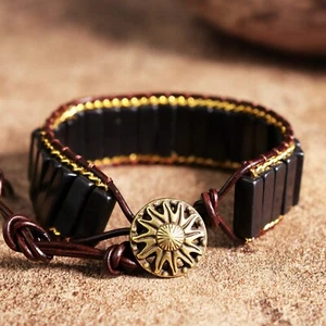Natural Black Tourmaline Vintage Handmade Leather Healing Women's Men's Bracelet - Picture 1 of 5