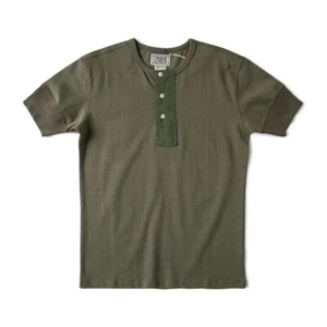 Men's Vintage Short Sleeve Heavyweight Cotton Henley T-Shirt Olive Green - Picture 1 of 12