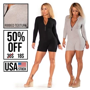 Women Bodysuit Romper Jumpsuit shorts Long Sleeves Casual Sexy Front Zipper - Picture 1 of 15