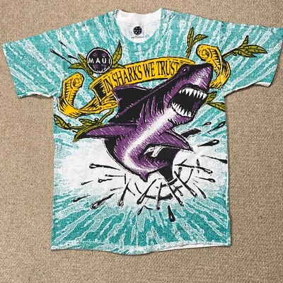 VINTAGE Maui and Sons T Shirt Mens Medium Single Stitch Surf Skate Shark AOP 90s - Image 1 of 4