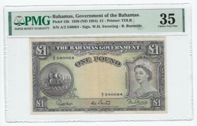 1936  (ND1954)  Bahamas 1L One Pound Note Pick#15b SN#A/2 540064  PMG VF-35  - Image 1 of 2