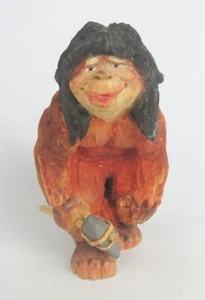 Vintage Hand Carved Painted Wood Caveman with Stone Axe Sculpture Figurine - Picture 1 of 8