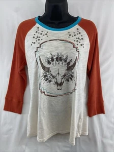 Ariat 3/4 Sleeve Shirt Native American Buffalo Skull Rhinestone Studs Women Sz L - Picture 1 of 14